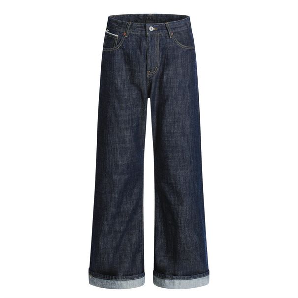 Loose Rolled Hem Denim Wide-Leg Men's Vibe High Street Trendy Cuffed Design Versatile Casual Pants_viptrois.com
