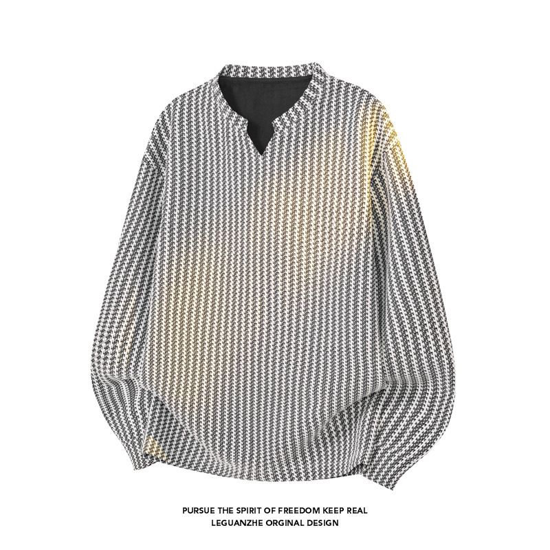 Fishbone Pattern American Henry Neck Sweater Men's Autumn Heavy Thousand Bird Grid Long-sleeved T-shirt Polo Inner Bottoming Shirt_viptrois.com