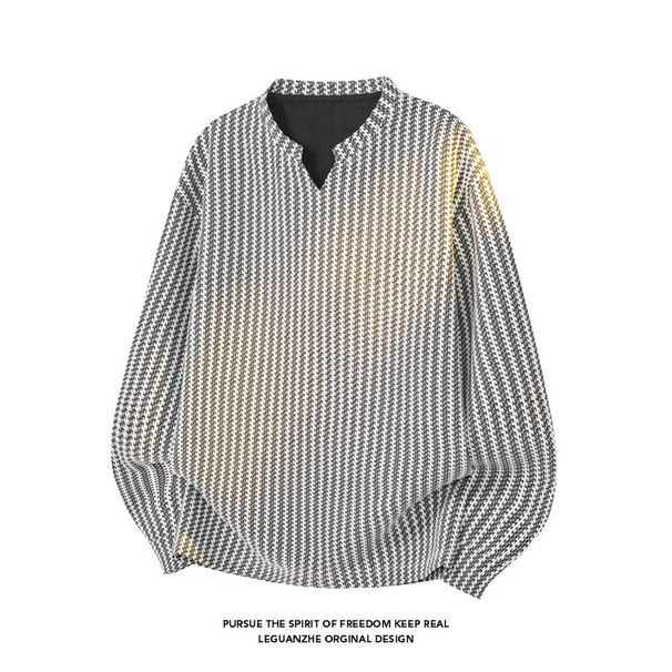 Fishbone Pattern American Henry Neck Sweater Men's Autumn Heavy Thousand Bird Grid Long-sleeved T-shirt Polo Inner Bottoming Shirt_viptrois.com