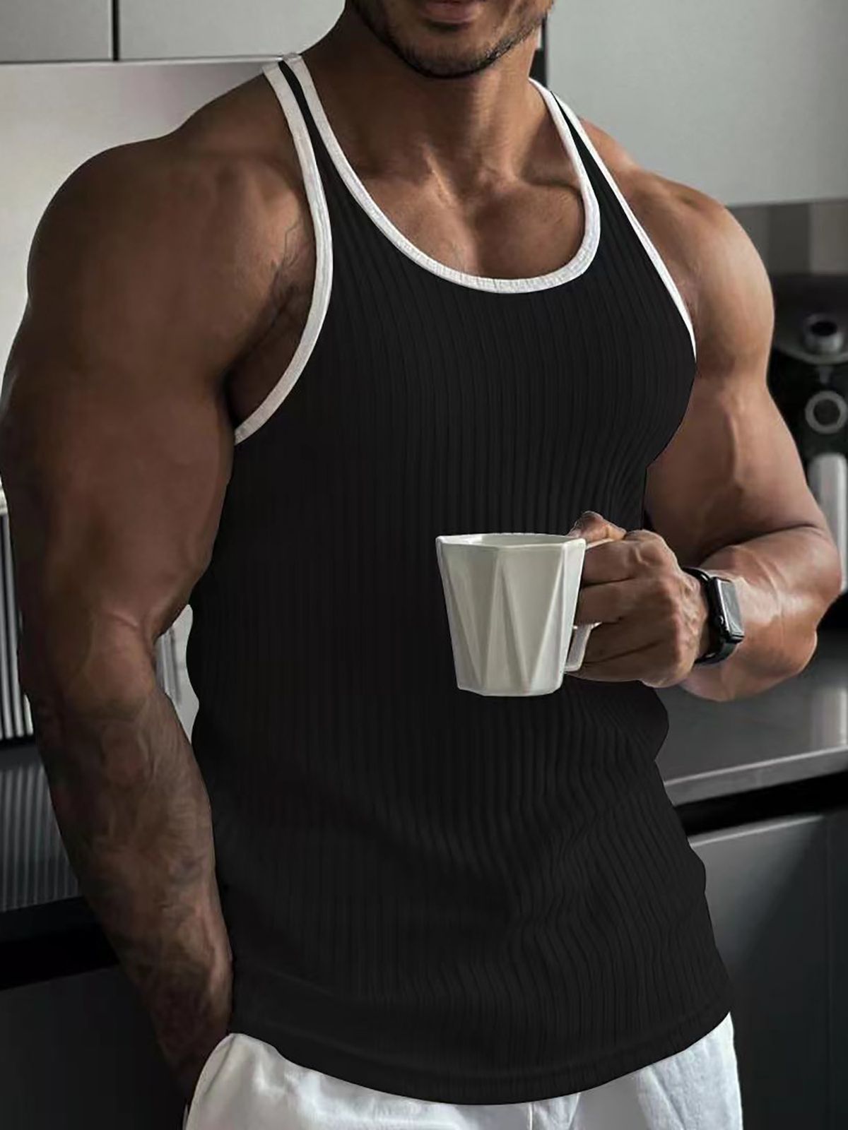 Men's Clothing New Summer Sports And Fitness Breathable Vertical Striped Vest Men's Elastic Quick Drying I Shaped Sleeveless Threaded Bottoming Shirt_viptrois.com
