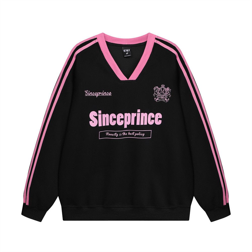 American Street Style Letter Print V-Neck Sweatshirt Loose Fit Men's Spring And Autumn Striped Patchwork Three-Stripe_viptrois.com