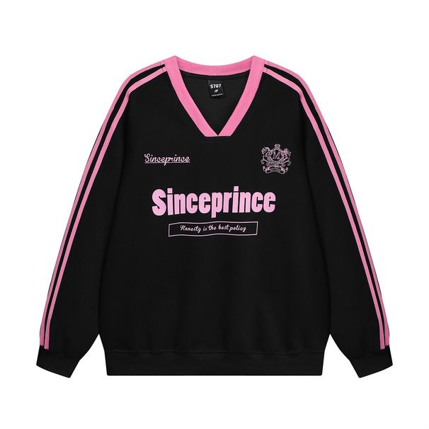 American Street Style Letter Print V-Neck Sweatshirt Loose Fit Men's Spring And Autumn Striped Patchwork Three-Stripe_viptrois.com