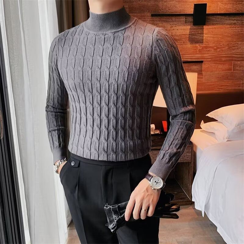 Half High Neck Thick Sweater For Men, Versatile For Autumn And Winter, Solid Color Knit Sweater, Base Sweater, Pullover_viptrois.com