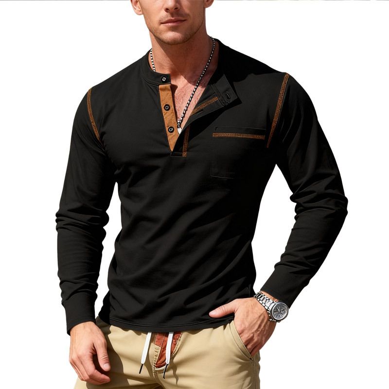 Men's Slim-Fit Henley Shirt - Long Sleeve Breathable Knit Top With Contrast Trim (Black/White/Navy/Khaki/Olive/Burgundy)_viptrois.com