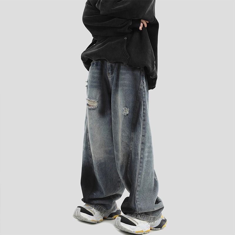 High Street Vibe Ink Splashed Hole Jeans For Men And Women Loose Deconstructed All Match Straight Wide Leg Trousers_viptrois.com