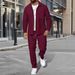 "Men's Waffle-Knit Zip-Up Jacket Set - Slim Fit Polyester Track Suit With Stand Collar & Side Pockets (White/Black/Grey/Burgundy/Khaki/Dark Green_viptrois.com