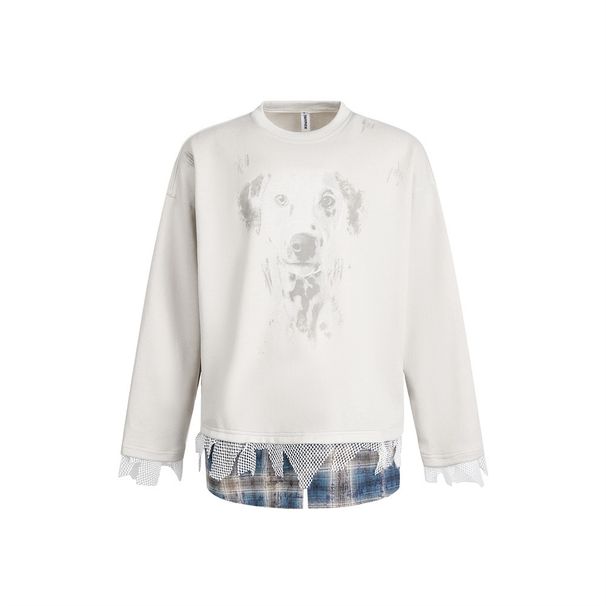 Two-Piece Plaid Patchwork Crew Neck Sweatshirt For Men High Street Trendy Destroyed Frayed Edge Design Dog Print_viptrois.com