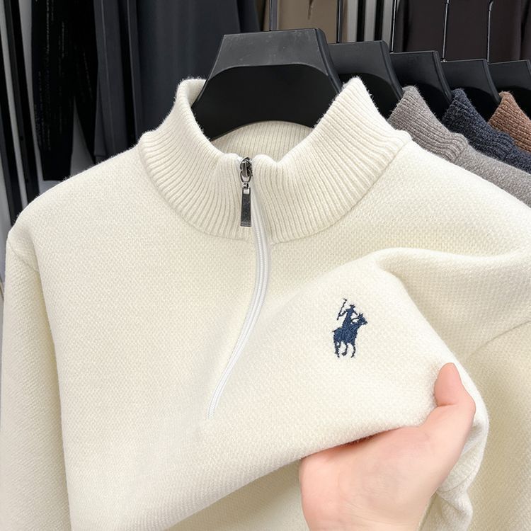 Men's Zipper Pullover With Fleece Lining, Trendy Casual Loose Embroidered Autumn Winter Solid Color Knitted Base Shirt_viptrois.com