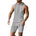 Men's Clothing Sleeveless Solid Color Jacquard Knitted Hooded Sleeveless Casual Vest Shorts Suit_viptrois.com