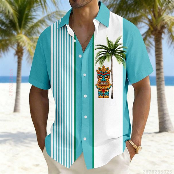 Camisa De Manga Corta Estilo Hawaiano Para Hombre, Estampado De Palmeras, Diseño A Rayas Y Parches, Camisa Casual De Moda, Tela Cómoda_viptrois.com