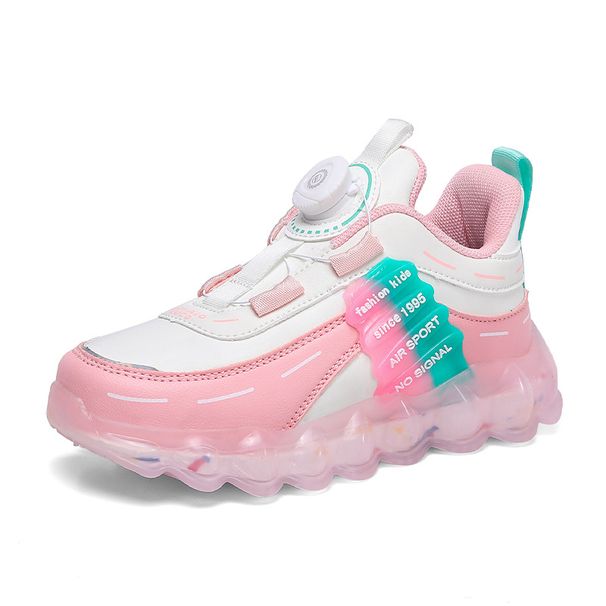 Child's shoes Leather sneakers Big kids rotating button mesh breathable running shoes pink_viptrois.com