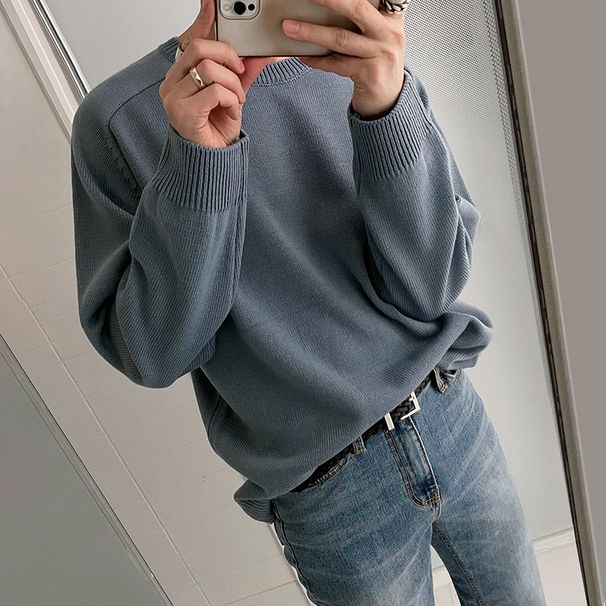 Men's Round Neck Long Sleeved Autumn Korean Version Loose And Trendy Solid Color Pullover Sweater Top For Men_viptrois.com