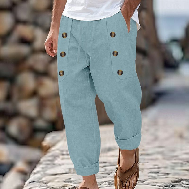 Men's Casual Loose Trousers Multi Button Cotton-Linen Blend Hawaiian Beach Cargo Pants Mid Waist Wide Leg Midweight Black Gray Khaki Light_viptrois.com