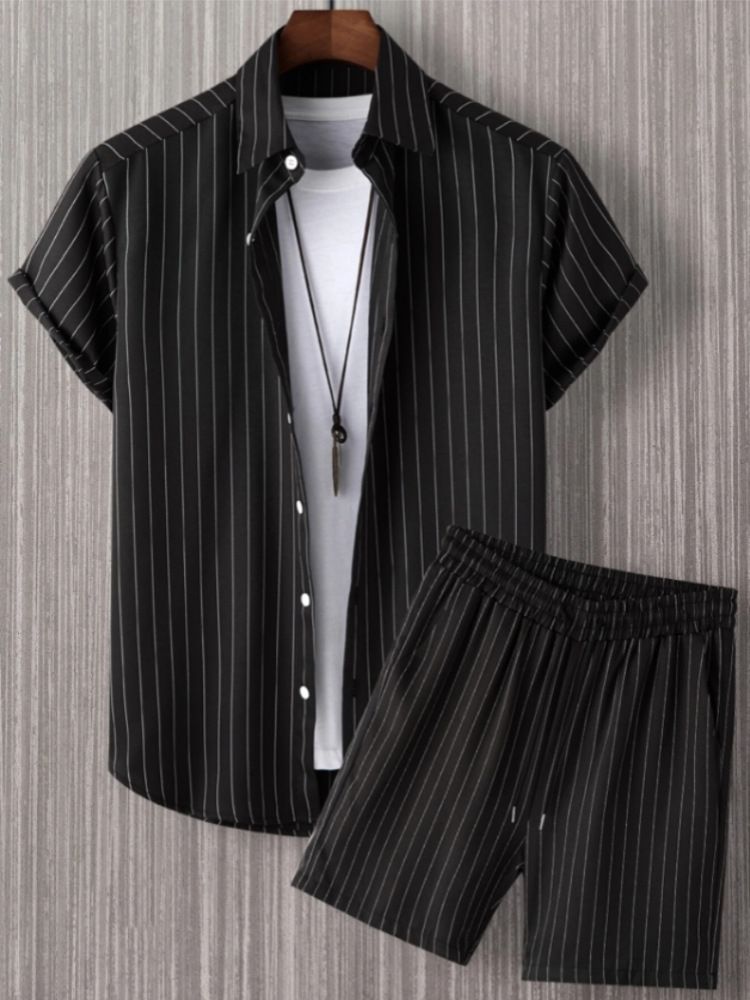 Men's Clothing Short Sleeved Drawstring Button Front Stripe Casual Two Piece Suit_viptrois.com
