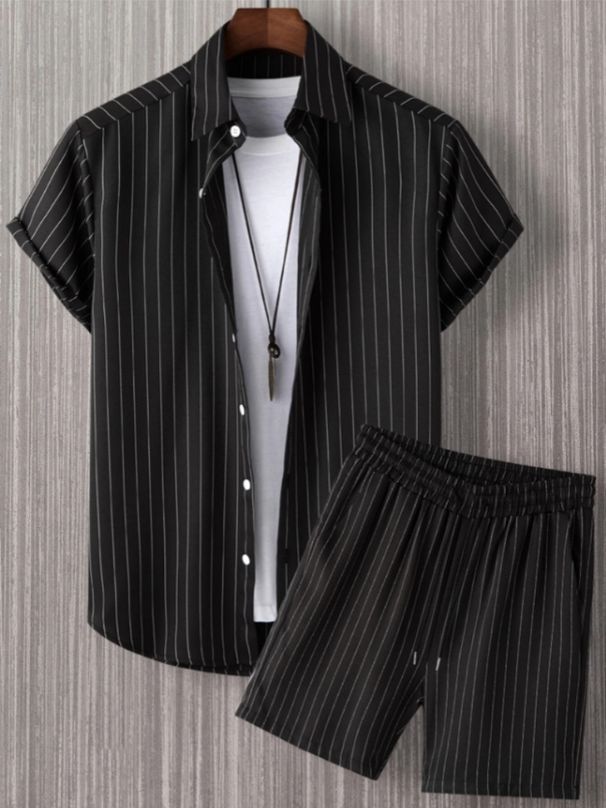 Men's Clothing Short Sleeved Drawstring Button Front Stripe Casual Two Piece Suit_viptrois.com