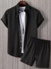 Men's Clothing Short Sleeved Drawstring Button Front Stripe Casual Two Piece Suit_viptrois.com