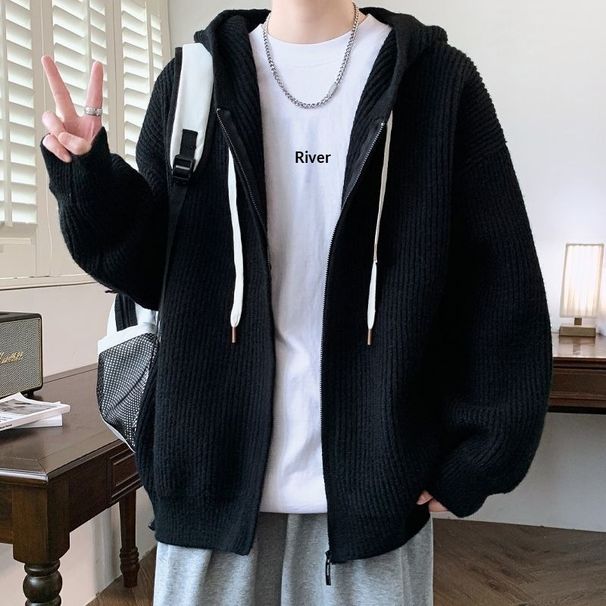 Cardigan Sweater Autumn Winter Warm Hooded Jacket Men Trendy Brand Casual Loose Plus Size Solid Color Knitwear_viptrois.com