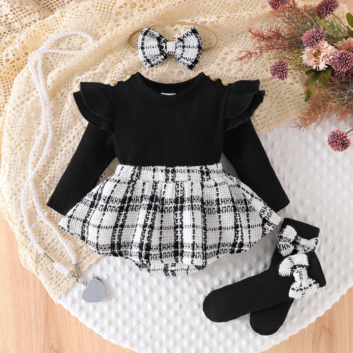 Mother & Kids Chic Knit Sleeveless Bodysuit & Socks Set For Baby Girls - Soft Cotton 3-Piece Outfit With Headband (Black/Khaki/Pink, 0-18M)_viptrois.com