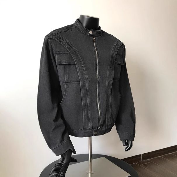 Men's Clothing High Street Deconstructed Heavy Washed Shoulder Pad Denim Jacket Loose Trendy Splicing Silhouette Jacket_viptrois.com