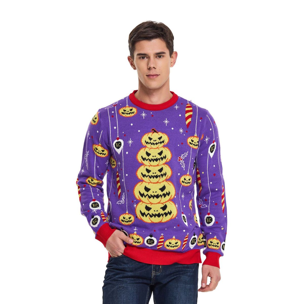 Halloween Color-Block Knit Sweater – Oversized Men's Pullover With Gothic Prints (S-XXXL, 4 Designs)_viptrois.com
