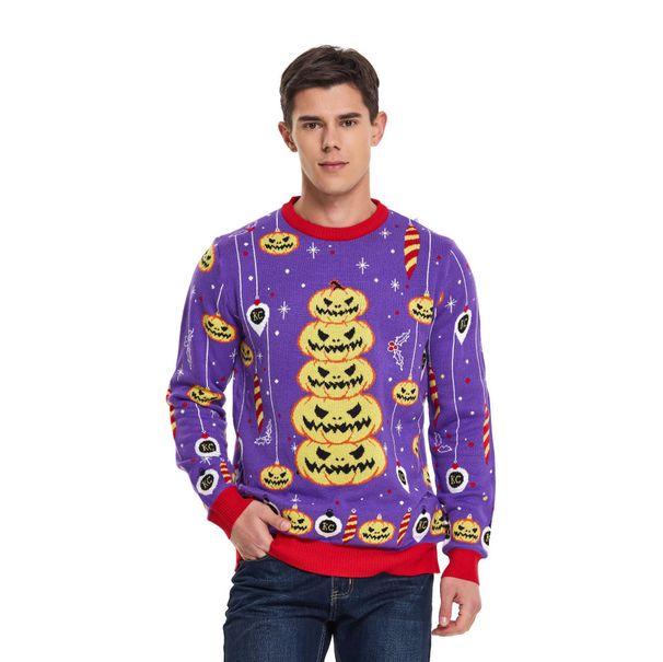 Halloween Color-Block Knit Sweater – Oversized Men's Pullover With Gothic Prints (S-XXXL, 4 Designs)_viptrois.com