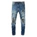 Men's Clothing Washed Cat Whisker Wrinkled Hole Patchwork Leather Elastic Slim Fit Skinny Jeans_viptrois.com