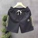 Men's European Style Casual Shorts Embroidered Trendy Summer Five Point Black Polyester mid Waist Baggy Sports Beach Pants_viptrois.com