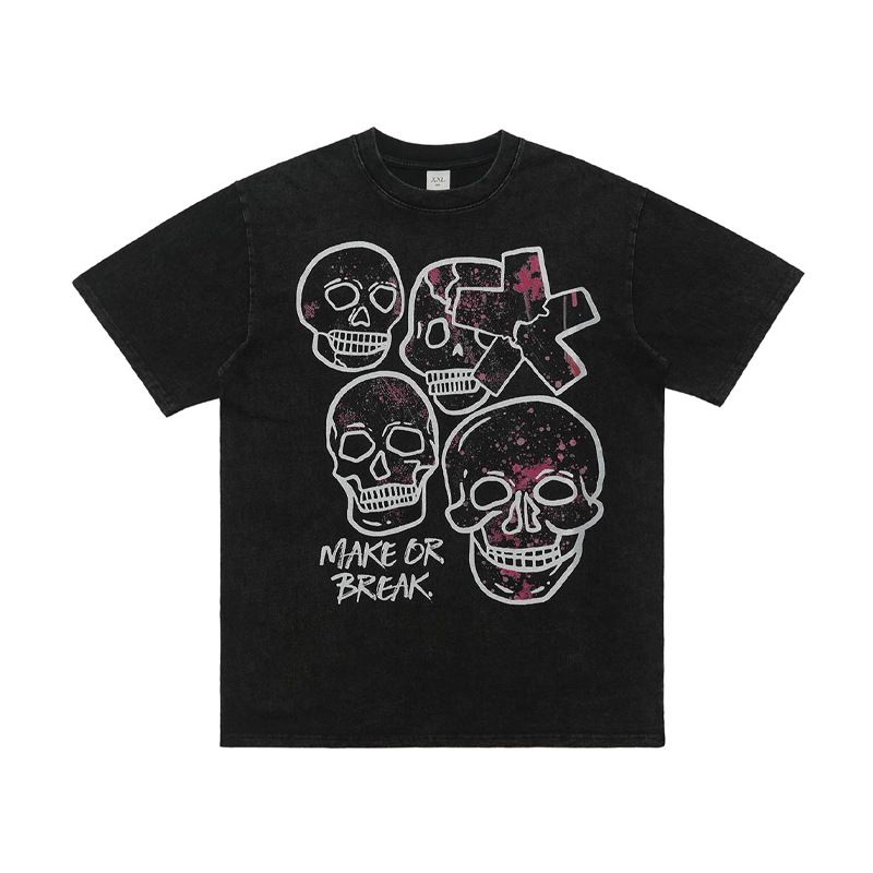 Summer Autumn New 285g American Washed Vintage Skull Print Pure Cotton Short Sleeve Unisex Top_viptrois.com