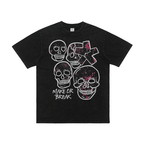 Summer Autumn New 285g American Washed Vintage Skull Print Pure Cotton Short Sleeve Unisex Top_viptrois.com