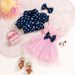 Kids’ Clothing Polka Dot Lapel Bubble Short Sleeved Jacket With Suspenders Bowknot Gauze Skirt Girls Three Piece Suit_viptrois.com