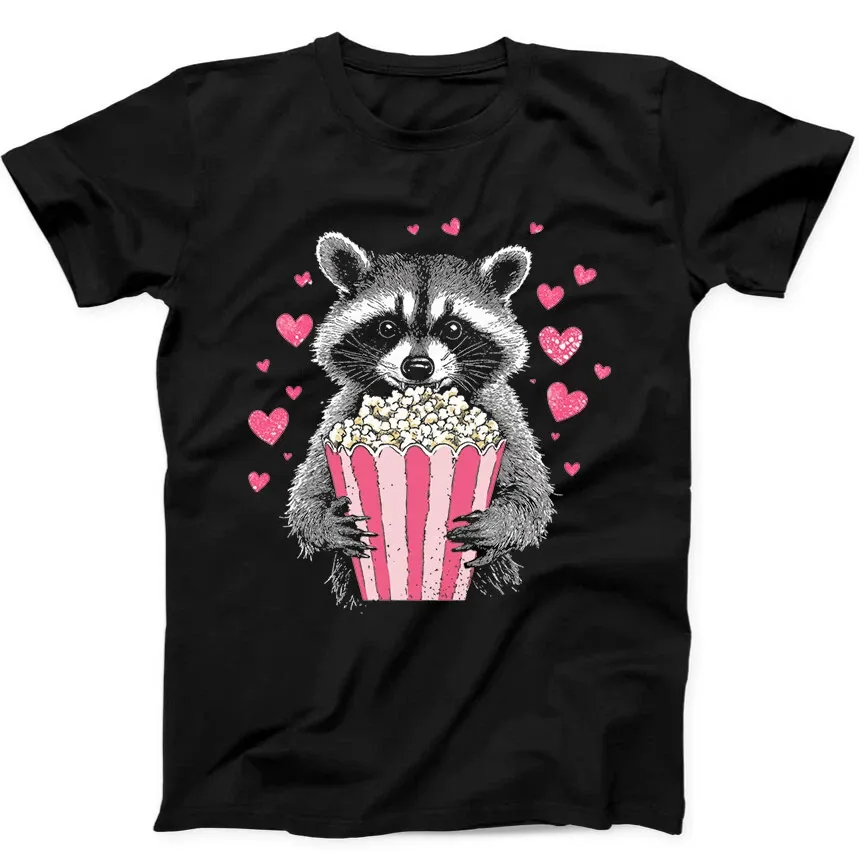 Raccoon Eating Popcorn Valentine Day Best Funny Gift Black Tee T Shirt Mens Womens Tees Top 318_viptrois.com