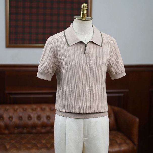 Men's Clothing 2025 New Summer Short Sleeved Polo Shirt British Yappie Thin Men's Casual Business V Neck Knitted T Shirt_viptrois.com
