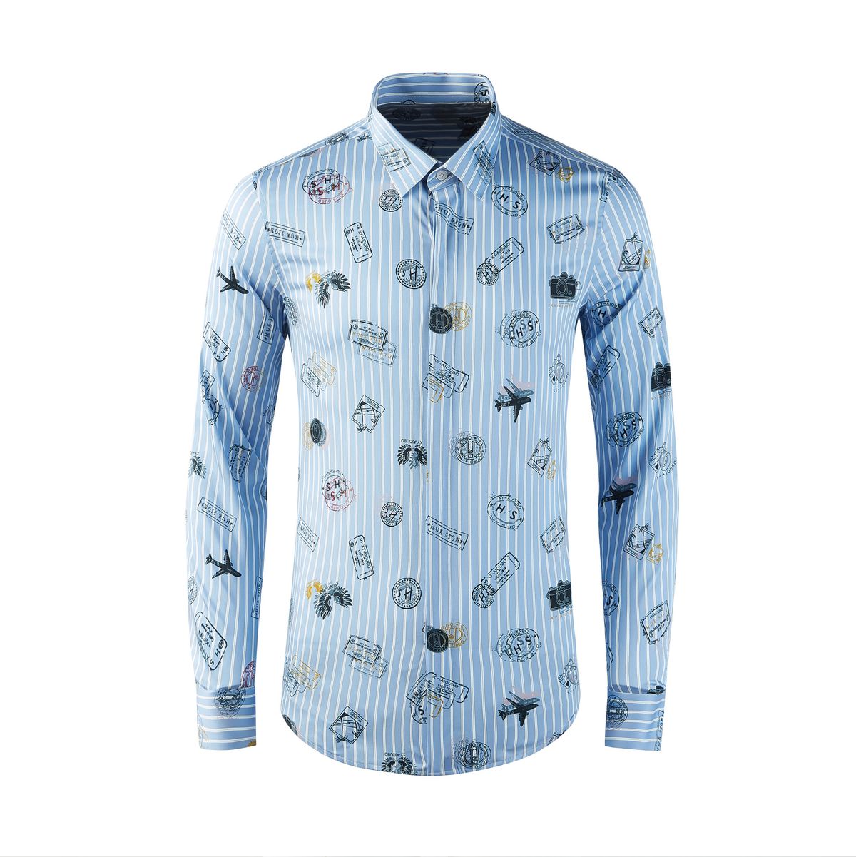 Men’s Digital Print Long-Sleeve Shirt -Inspired, 100% Cotton, Slim Fit (Light Blue Stripe)_viptrois.com