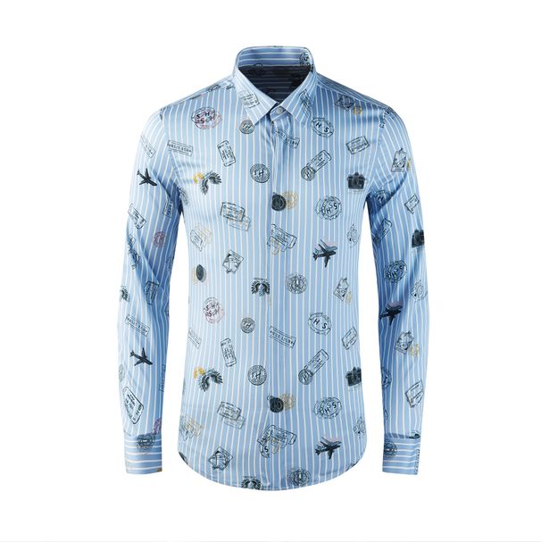 Men’s Digital Print Long-Sleeve Shirt -Inspired, 100% Cotton, Slim Fit (Light Blue Stripe)_viptrois.com