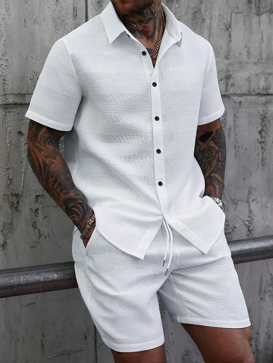 Men's Summer Jacquard Shirt & Shorts Set – Breathable Poly-Cotton Blend, Short-Sleeve Casual Outfit (Turmeric/White/Lake Blue, Sizes M-XXXL_viptrois.com