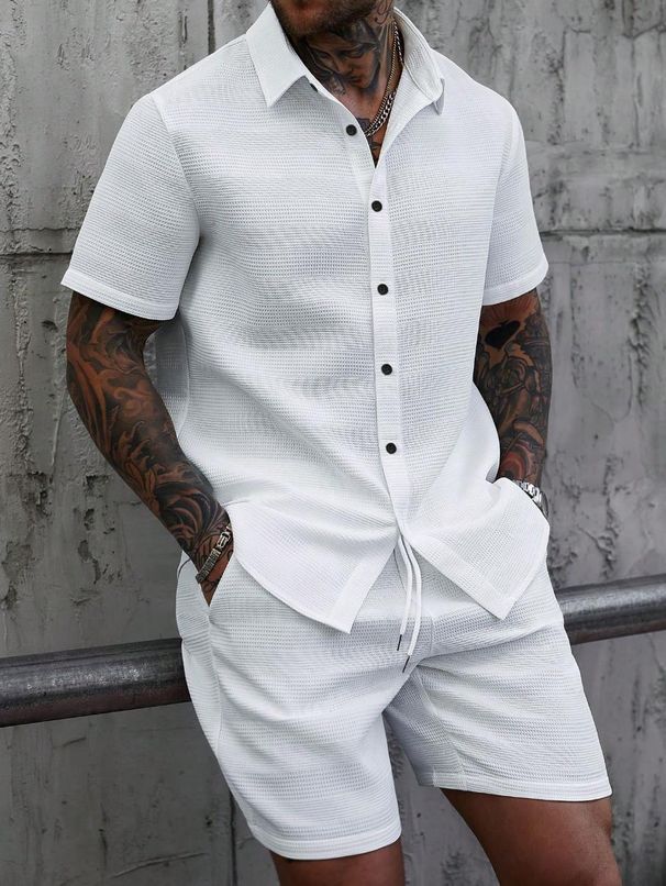 Men's Summer Jacquard Shirt & Shorts Set – Breathable Poly-Cotton Blend, Short-Sleeve Casual Outfit (Turmeric/White/Lake Blue, Sizes M-XXXL_viptrois.com
