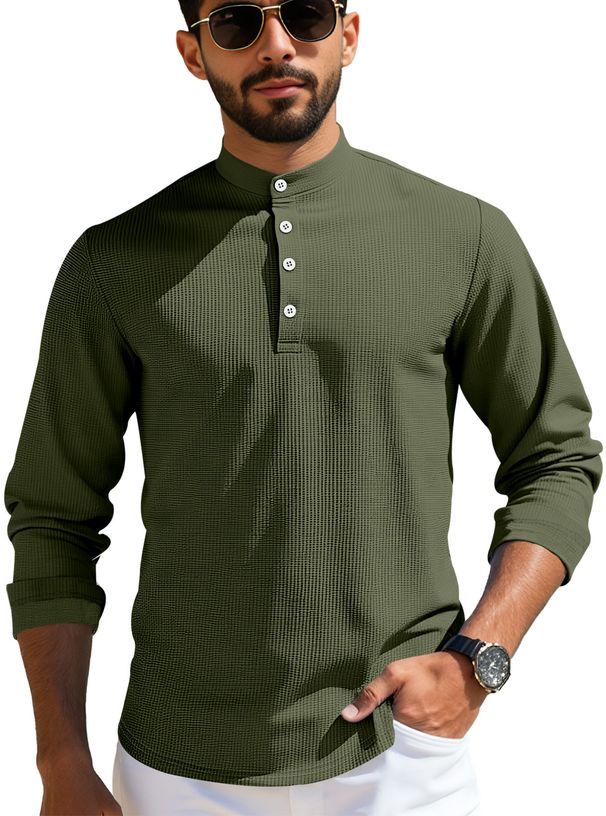 Men's Clothing Hot Sale Spring And Autumn Men's Polo Shirt Long Sleeve Casual Breathable Waffle Long Sleeve Henry Placket Shirt_viptrois.com