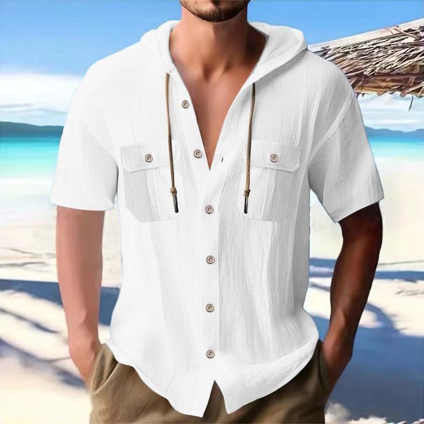 2025 Cross-Border New Cotton Linen Hooded Cardigan Fashion Sports Casual Solid Color Loose Short Sleeve Men's Shirt_viptrois.com