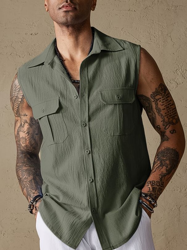 Men's Clothing New Autumn Fashion Men's Workwear Pocket Casual Vest Short Sleeve Shirt_viptrois.com