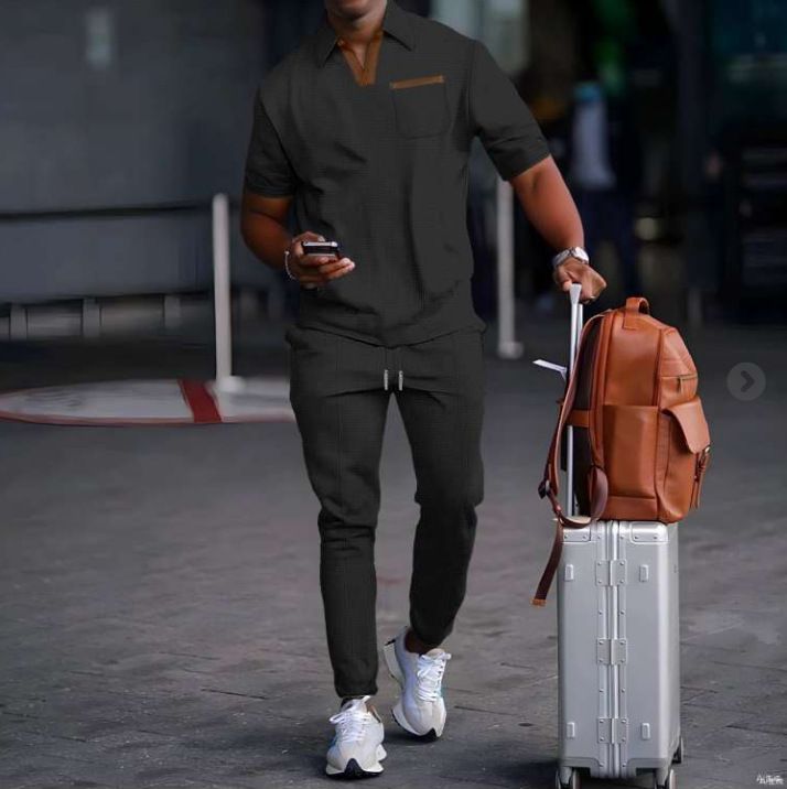 Men's Clothing Polo Shirt V Lapel Short Sleeved Pullover Polo Casual Long Suit_viptrois.com