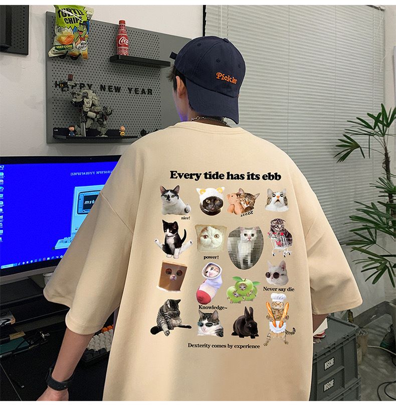 pure Cotton Cat T-shirt Trendy Brand American High Weight Short Sleeved Men's Summer Couple Outfit With Seven_viptrois.com