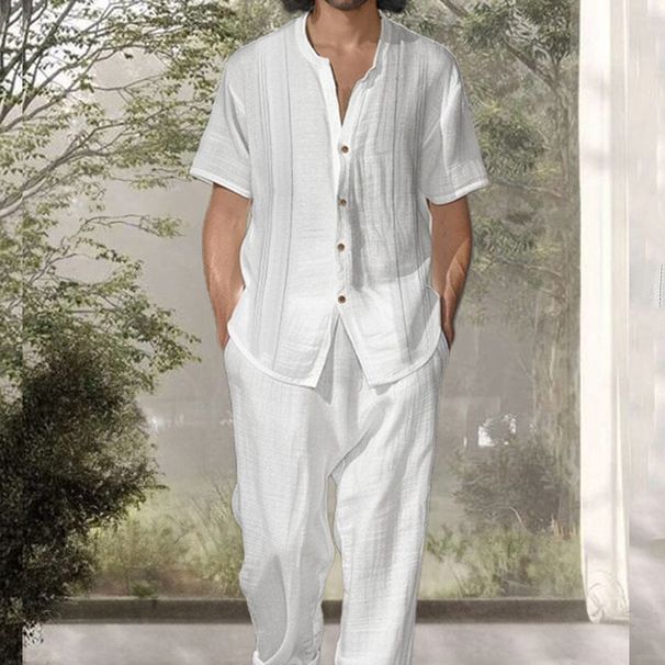 Men's Clothing Short Sleeved Shirt Casual Pants Two Piece New Loose Trend Solid Color Men's Summer Suit_viptrois.com