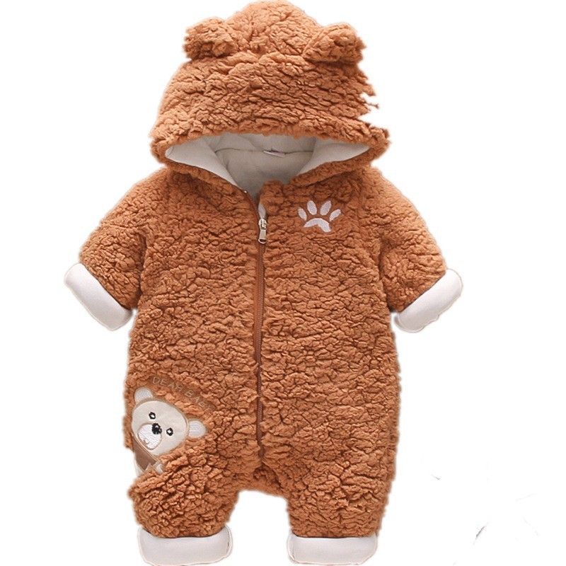 Unisex Baby Fleece-Lined Hooded Romper With Bear Paw Design - Soft & Warm Winter Outfit For Newborns (0-12M, 59-80cm)_viptrois.com