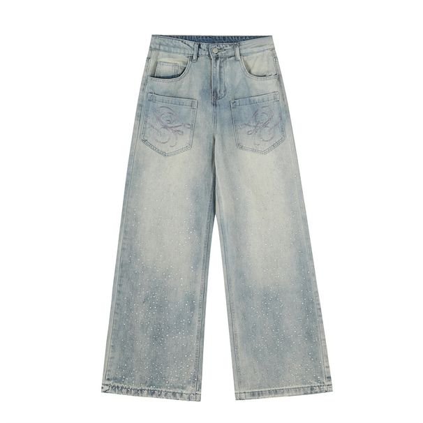 Punk Washed Denim Men's Trendy Reversible Pocket Design Starry Sky Rhinestone Personality Straight Pants_viptrois.com