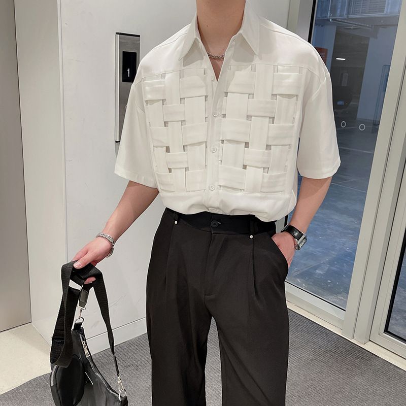Men's Clothing Woven Short Sleeved Shirt Red Five Point Sleeve Shirt Handsome Outer Wear_viptrois.com