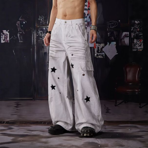 Utility Cargo Pants With Star Patches Multi-Pocket Distressed Wide-Leg Jeans Unisex Streetwear Aesthetic_viptrois.com