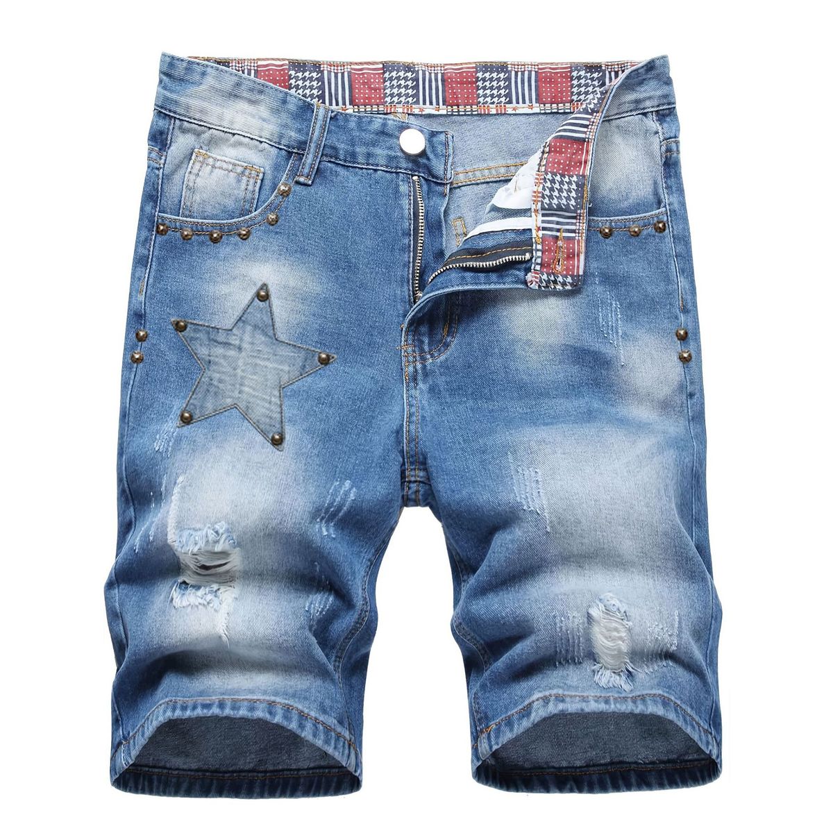 Laike Men's Ripped Denim Shorts Mid-Length Straight Leg Summer Thin Trendy Studded Cross Border American Style_viptrois.com