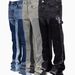 Men's Clothing Fashion Versatile Men's Denim Workwear Elastic Patch Laminated Flared Denim Straight Trousers_viptrois.com