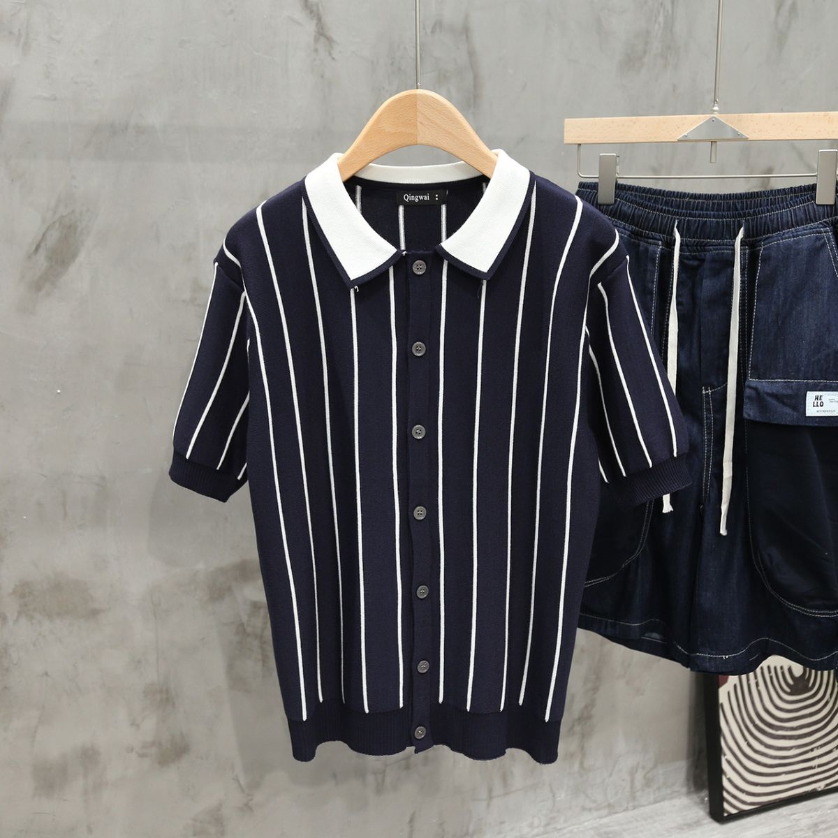 Men's Clothing Summer New Style Men's T-Shirt Cardigan Loose Fit Turn Down Collar Short Sleeve Knit Polo Shirt Striped Top_viptrois.com