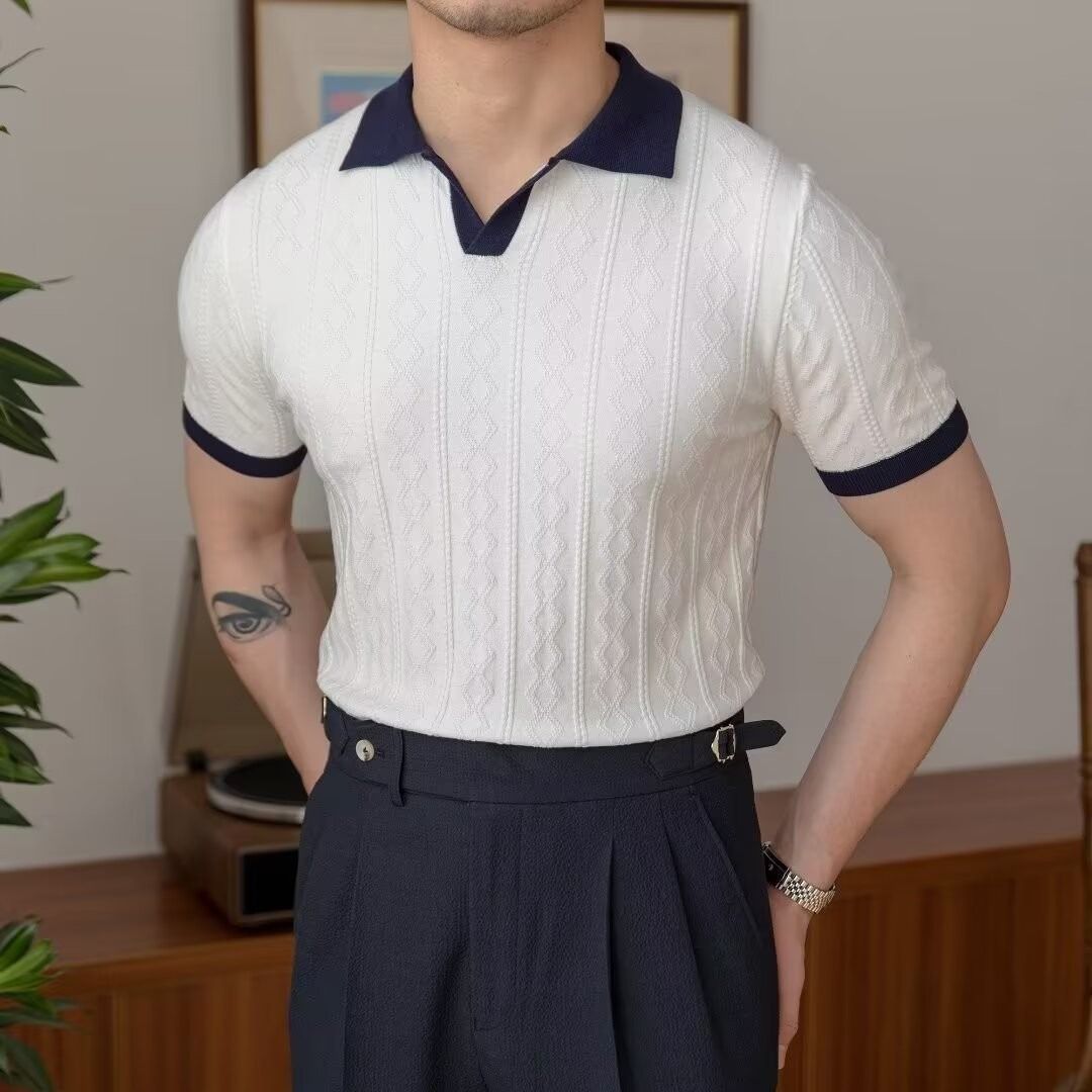 Men's Clothing Summer Breathable Italian Color Matching Light Mature Trendy Men's Polo Shirt Lapel Elastic Jacquard Texture Slim Short Sleeve Knit_viptrois.com